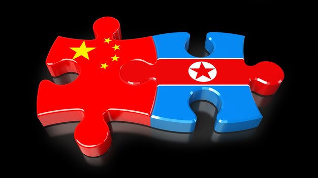 Bandeiras da China e da Coreia do Norte em peças do quebra-cabeça. Conceito de relacionamento político. Renderização 3D