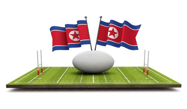 Bandeiras da Coreia do Norte com uma bola de rugby e renderização em 3D