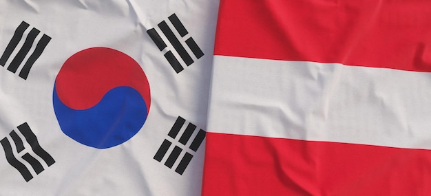 Bandeiras da Coreia do Sul e da Áustria Bandeira de linho fechada Bandeira feita de lona Símbolos nacionais do Estado austríaco coreano Seul ilustração 3d