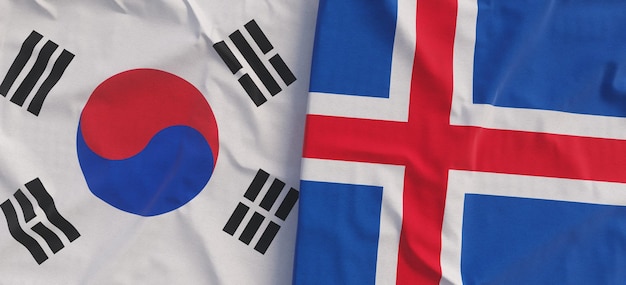 Bandeiras da Coreia do Sul e Islândia Bandeira de linho closeup Bandeira feita de lona Símbolos nacionais do Estado de Reykjavik coreano Seul ilustração 3d