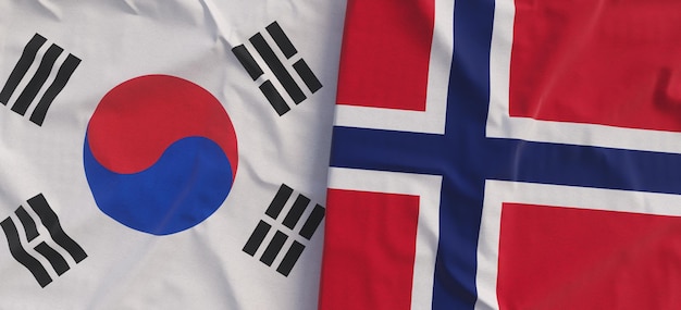 Bandeiras da Coreia do Sul e Noruega Bandeira de linho fechada Bandeira feita de lona Símbolos nacionais do Estado norueguês coreano Seul ilustração 3d