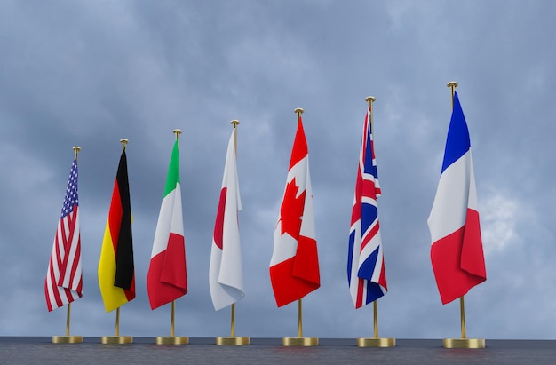 Bandeiras da cúpula do g7 de membros do g7 grupo de sete e lista de países grupo dos sete ilustração 3d e trabalho 3d