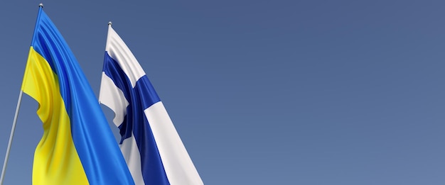 Bandeiras da Finlândia e da Ucrânia em mastros ao lado Bandeiras em uma ilustração 3D de fundo azul