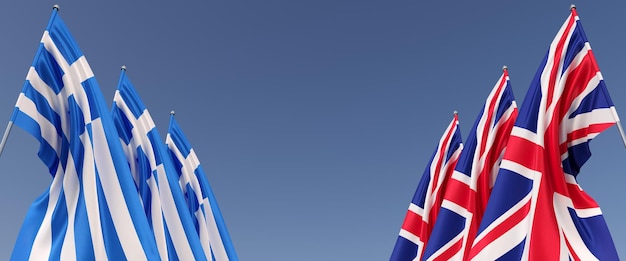 Bandeiras da Grã-Bretanha e da Grécia em mastros nas laterais Bandeiras em um fundo azul Inglaterra Reino Unido Atenas ilustração 3D