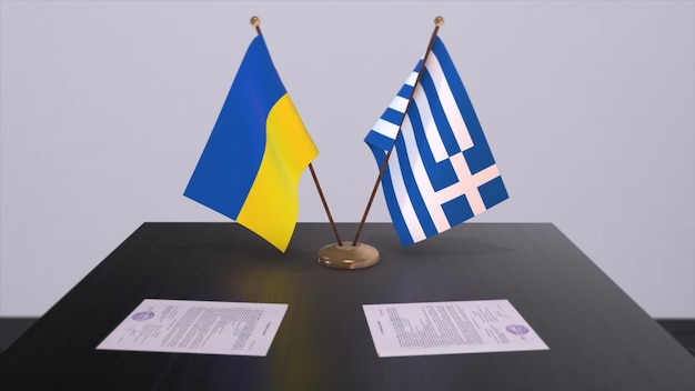 Bandeiras da Grécia e da Ucrânia na reunião política ilustração 3D