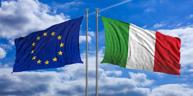 Bandeiras da Itália e da União Europeia acenando na direção oposta na ilustração 3d do fundo do céu azul
