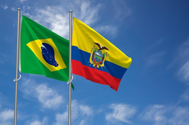 Bandeiras da República Federativa do Brasil e da República do Equador sobre a ilustração 3D do fundo do céu azul