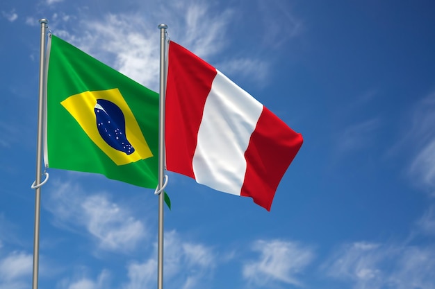 Bandeiras da República Federativa do Brasil e da República do Peru sobre a ilustração 3D do fundo do céu azul