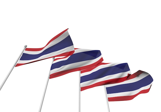 Bandeiras da Tailândia em uma fileira com uma renderização 3D de fundo branco