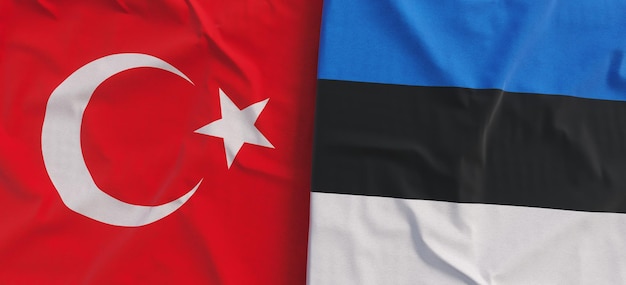 Bandeiras da Turquia e da Estônia Bandeira de linho fechada Bandeira feita de tela Símbolos nacionais do Estado de Tallinn da Estônia turca Ilustração 3d