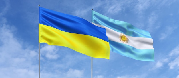 Bandeiras da Ucrânia e Argentina em mastros no centro Bandeiras no fundo do céu Lugar para texto ilustração 3d ucraniana argentina