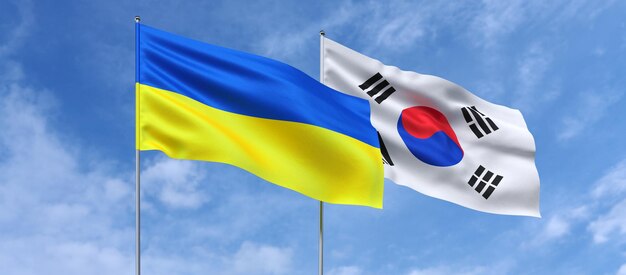 Bandeiras da Ucrânia e da Coreia do Sul em mastros no centro Bandeiras no fundo do céu Lugar para texto Ilustração 3d ucraniana da Ásia coreana