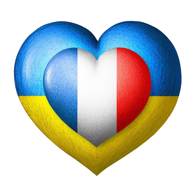 Bandeiras da Ucrânia e da França Dois corações nas cores das bandeiras isoladas em um branco