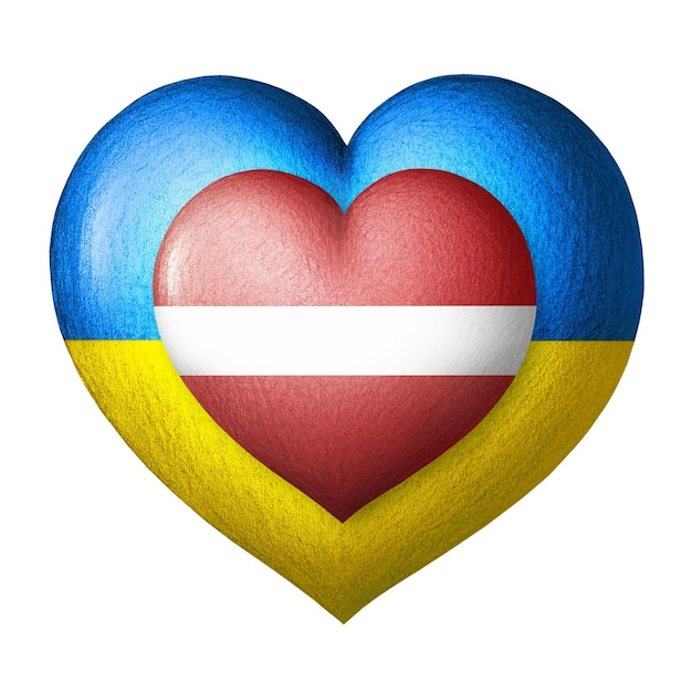 Bandeiras da Ucrânia e da Letônia Dois corações nas cores das bandeiras isoladas em um branco