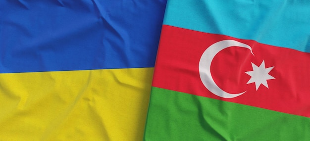 Bandeiras da Ucrânia e do Azerbaijão Bandeira de linho fechada Bandeira feita de lona Símbolos nacionais ucranianos Kyiv Baku Ásia 3d ilustração