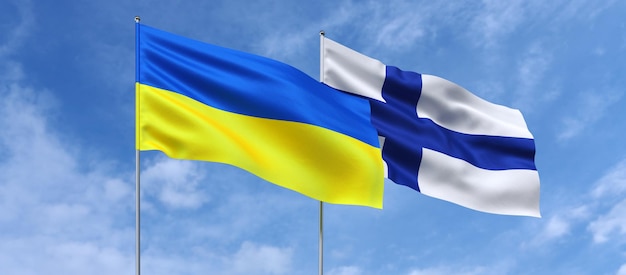 Bandeiras da Ucrânia e Finlândia em mastros no centro Bandeiras no fundo do céu Lugar para texto Ilustração 3d finlandesa ucraniana