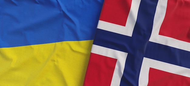 Bandeiras da Ucrânia e Noruega Bandeira de linho fechada Bandeira feita de lona Símbolos nacionais ucranianos Kyiv Norueguês Oslo ilustração 3d