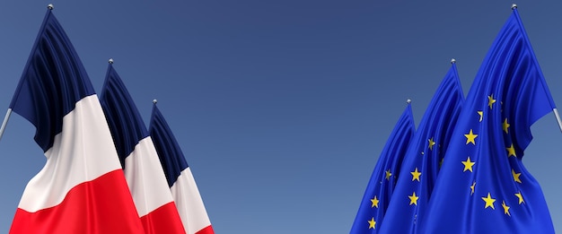 Bandeiras da UE e da França em mastros nas laterais Bandeiras em um fundo azul Lugar para texto União Europeia Bandeira da França Paris Commonwealth ilustração 3D