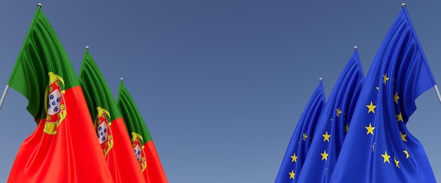Bandeiras da UE e Portugal em mastros nas laterais Bandeiras em um fundo azul Lugar para texto União Europeia Portugal bandeira Lisboa Commonwealth ilustração 3D