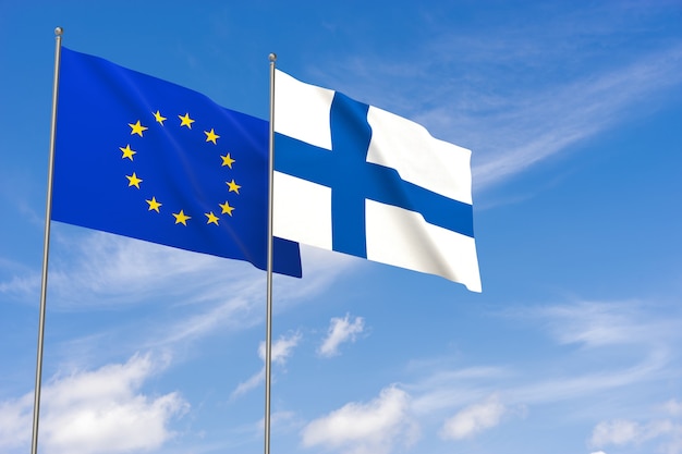 Bandeiras da União Europeia e da Finlândia sobre o fundo do céu azul. Ilustração 3D