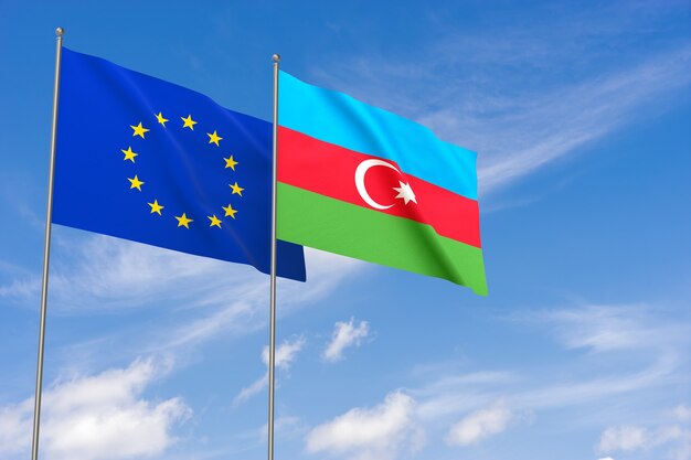 Bandeiras da União Europeia e do Azerbaijão sobre fundo de céu azul. Ilustração 3D