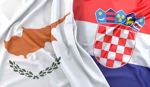 Bandeiras de babados de renderização 3D de Chipre e Croácia
