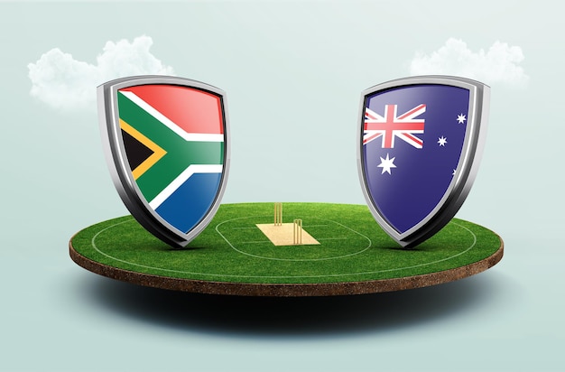 Bandeiras de críquete da África do Sul Vs Austrália com escudo na ilustração 3d do estádio de críquete