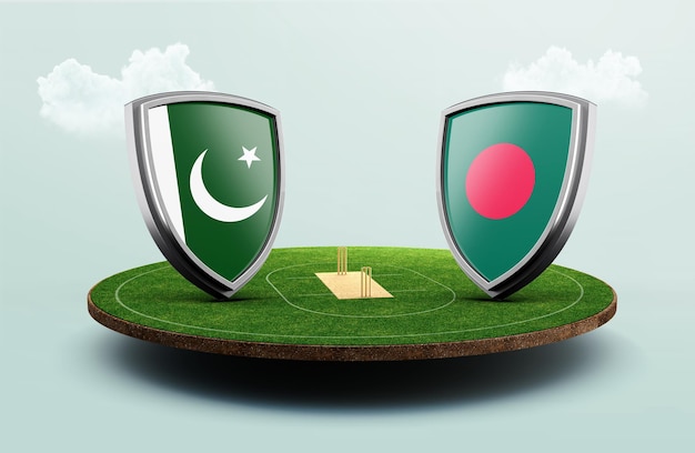 Bandeiras de críquete Paquistão vs Bangladesh com escudo na ilustração 3d do estádio de críquete