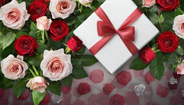 Bandeiras de Feliz Dia dos Namorados Vista superior na caixa de presentes e arco com um belo fundo de rosas