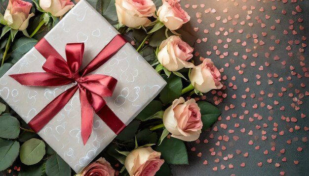 Bandeiras de Feliz Dia dos Namorados Vista superior na caixa de presentes e arco com um belo fundo de rosas