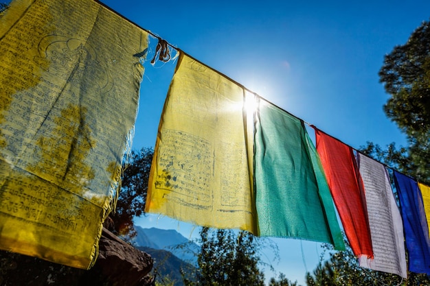 Foto bandeiras de oração do budismo tibetano com mantra budista nele no templo do mosteiro de dharamshala, índia