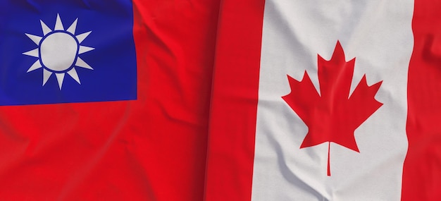 Bandeiras de Taiwan e Canadá Bandeira de linho fechada Bandeira feita de lona Símbolos nacionais do estado canadense de Taipei Ásia ilustração 3d