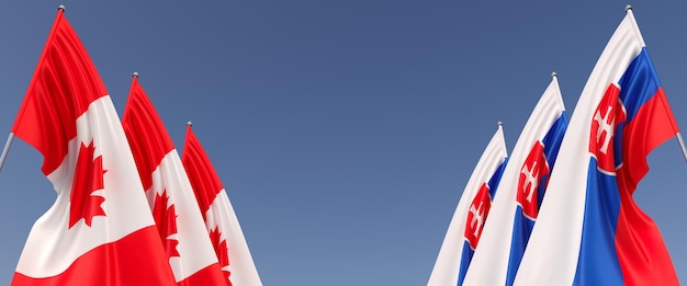 Bandeiras do Canadá e da Eslováquia em mastros nas laterais em um fundo azul Lugar para texto Seis bandeiras Ottawa maple Bratislava ilustração 3d
