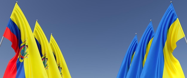 Bandeiras do Equador e da Ucrânia em mastros nas laterais Bandeiras em um fundo azul Lugar para texto Soberano independente Ucrânia Três bandeiras equatorianas Ilustração 3D da comunidade