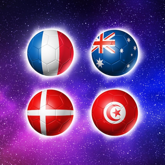 Bandeiras do grupo D do futebol do Qatar 2022 na ilustração 3D de bolas de futebol Fundo do céu espacial