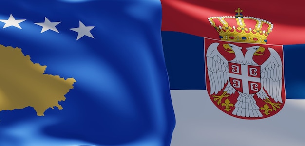 Bandeiras do Kosovo e da Sérvia Bandeira do Kosovo e bandeira da Sérvia Trabalho 3D e imagem 3D