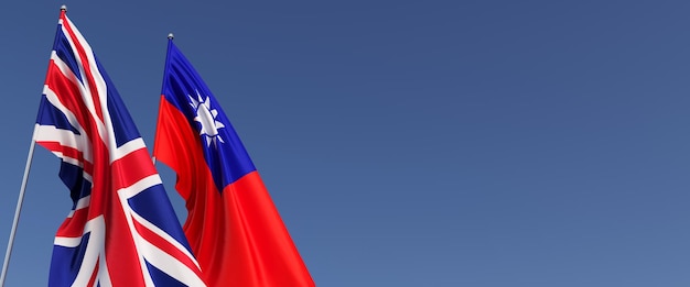 Foto bandeiras do reino unido e taiwan em mastros de bandeira no lado bandeiras em um fundo azul grã-bretanha inglaterra taipei ilustração 3d
