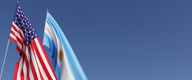 Bandeiras dos Estados Unidos e Argentina em mastros ao lado Bandeiras em um fundo azul Lugar para texto Estados Unidos da América Buenos Aires América do Sul Commonwealth ilustração 3D