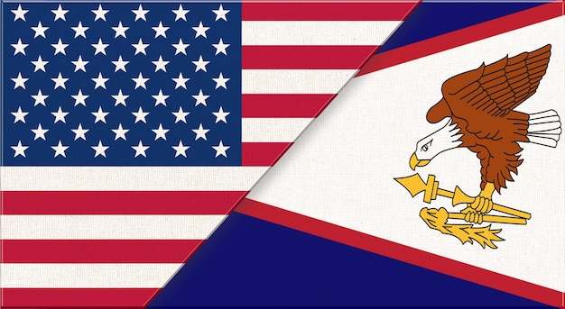 Bandeiras dos Estados Unidos e da Samoa Americana Bandeiras nacionais das Samoa Americanas e das Samoas Americanas em superfície de tecido Bandeira dos Estados Unidos de América e da Samoa Americana Ilustração 3D Duas bandeiras juntas Textura de tecido