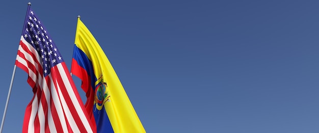 Bandeiras dos Estados Unidos e Equador em mastros ao lado Bandeiras em um fundo azul Lugar para texto Estados Unidos da América Quito Commonwealth ilustração 3D