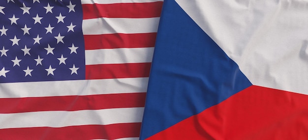 Bandeiras dos eua e da república checa bandeiras de linho fechadas bandeira feita de lona estados unidos da américa símbolos nacionais de praga ilustração 3d