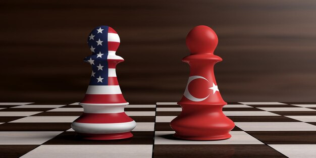 A turquia e os eua relacionam peões de xadrez com ilustração 3d de  bandeiras nacionais