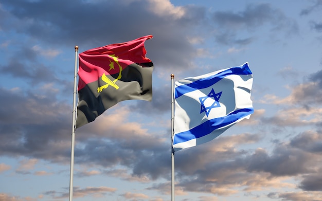 bandeiras estaduais de Israel e Angola juntas no fundo do céu