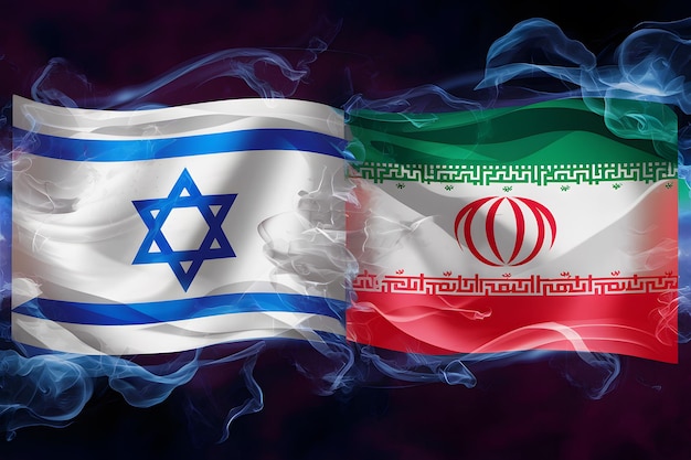 Bandeiras israelenses e iranianas retratadas em estilo místico sedoso e fumegante