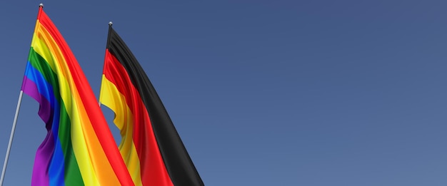 Bandeiras LGBT e alemãs no mastro da bandeira em fundo azul Bandeira do arco-íris Lugar para texto Comunidade LGBT ilustração 3d alemã