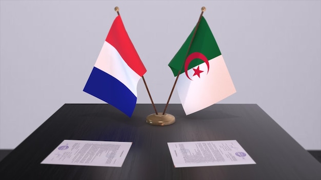 Bandeiras nacionais da Argélia e da França na mesa na sala de conferências diplomáticas Acordo de acordo político