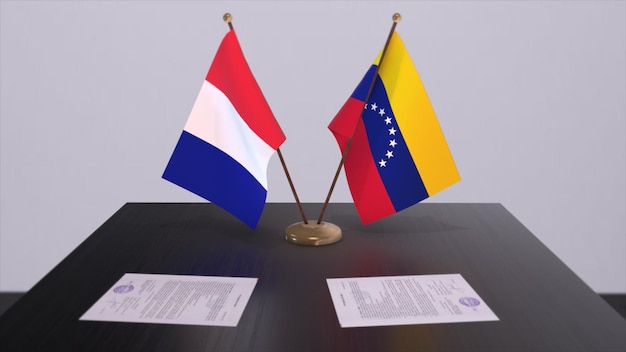 Bandeiras nacionais da Venezuela e da França sobre a mesa na sala de conferências diplomáticas Acordo de acordo político