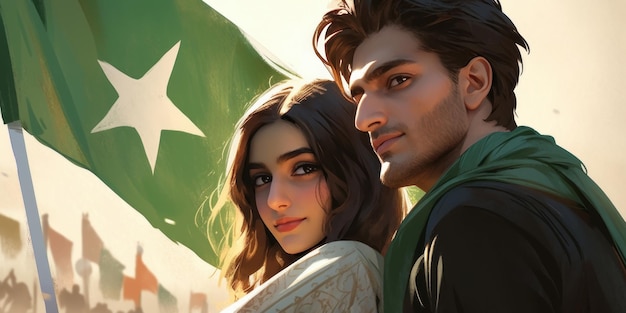 bandeiras paquistanesas na jovem família para o dia da independência do Paquistão