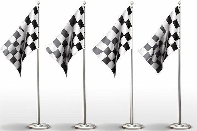Foto bandeiras quadriculadas brancas e pretas no eixo e pólo cor realista conjunto de ícones decorativos