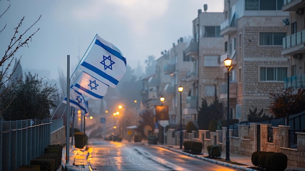 Bandeiras solene de Israel no cenário da paisagem urbana israelense Yom HaZikaron Dia da Memória Israelense AI Gerado